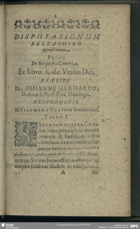Disputationum Bellarmino oppositarum. Prima De Scriptur & Canone, Ex libro I. de Verbo Dei