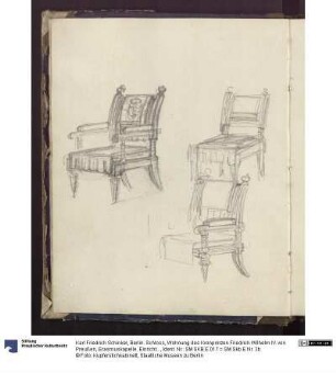 Berlin. Schloss, Wohnung des Kronprinzen Friedrich Wilhelm IV. von Preußen, Erasmuskapelle. Einrichtung zum Arbeitszimmer des Kronprinzen. Studien zu einem Sessel für das Arbeitszimmer