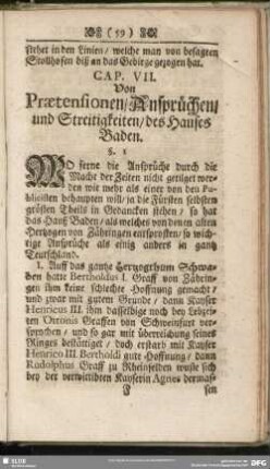Cap. VII. Von Praetensionen, Ansprüchen, und Streitigkeiten, des Hauses Baden