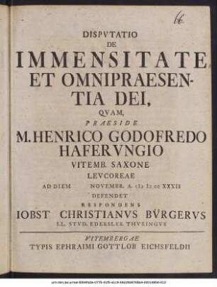 Dispvtatio De Immensitate Et Omnipraesentia Dei