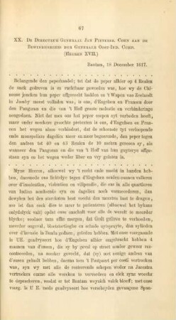 XX. De directeur generaal Jan Pietersz. Coen aan de bewindhebbers der generale Oost.-Ind. Comp. (Heeren XVII.)
