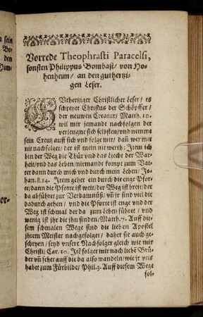 Vorrede Theophrasti Paracelsi, sonsten Philippus Bombast, von Hohenheim, an den guthertzigen Leser.