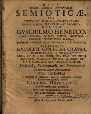 Theses Medicae Inavgvrales [Inaugurales] Semioticae