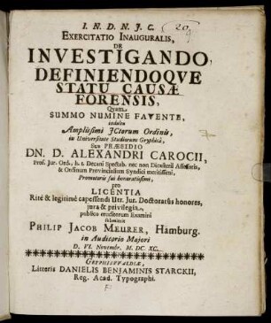 Exercitatio Inauguralis, De Investigando Definiendoque Statu Causae Forensis