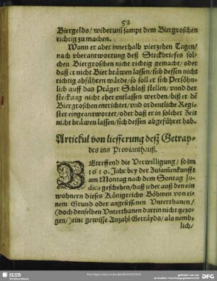 Artickul von liefferung desz Getraydes ins Provianthauß