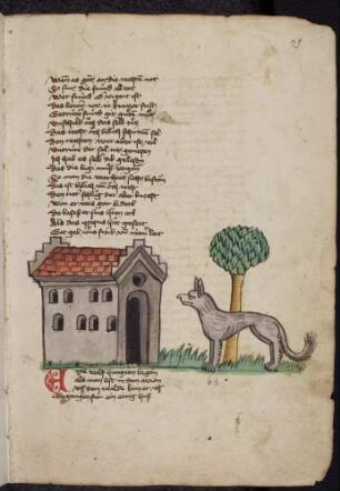Wolf vor einem Haus; (Von einer Frau und einem Wolf, Kapitel LXIII nach Pfeiffer)