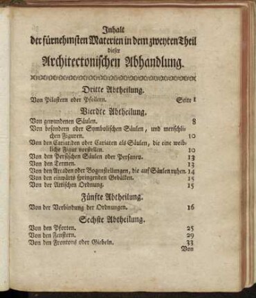 Inhalt der fürnehmsten Materien in dem zweyten Theil dieser Architectonischen Abhandlung.