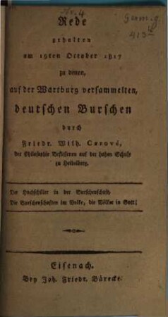 Rede, gehalten am 19. Oct. 1817 zu den auf der Wartburg versammelten Burschen