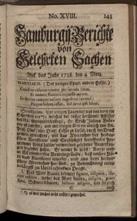 No. XVIII. Auf das Jahr 1738. den 4 Merz. - No. XXV. Auf das Jahr 1738. den 28 Merz.