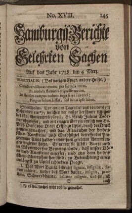 No. XVIII. Auf das Jahr 1738. den 4 Merz. - No. XXV. Auf das Jahr 1738. den 28 Merz.