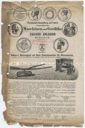 Permanente Ausstellung und Fabrik Landwirthschaftlicher Maschinen und Geräthe von EDUARD AHLBORN Hildesheim, Bahnhofs-Allee 14.