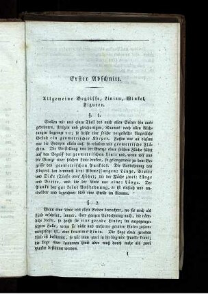A. Ebene Geometrie. Erster Abschnitt. Allgemeine Begriffe, Linien, Winkel, Figuren.