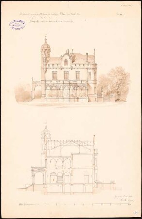 Schloss Stein, Hundsfeld: Aufriss der Südfassade, Querschnitt, Maßstabsleiste