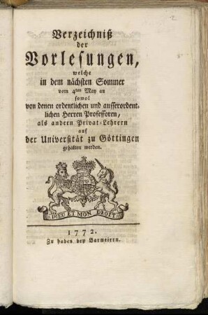 SS 1772: Verzeichnis der Vorlesungen // Georg-August-Universität Göttingen