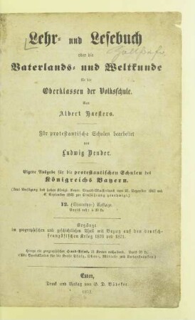Lehr- und Lesebuch oder die Vaterlands- und Weltkunde : für die Oberklassen der Volksschule