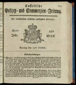 43tes Stueck, Montag den 19ten October 1801