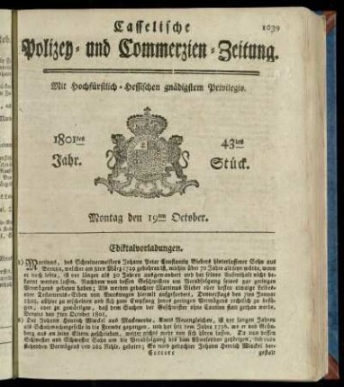 43tes Stueck, Montag den 19ten October 1801