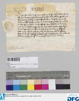 Conrat Schencke Herr zu Lympurg gibt den Nürnberger Kaufleuten die Zusicherung des gewünschten Geleits.