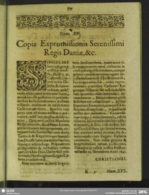 Num XV. Copia Expromissionis Serenissimi Regis Daniae, &c.