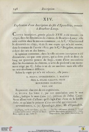 XIV. Explication d’une Inscription du fils d’Eporedirix, trouvée à Bourbon-Lancy