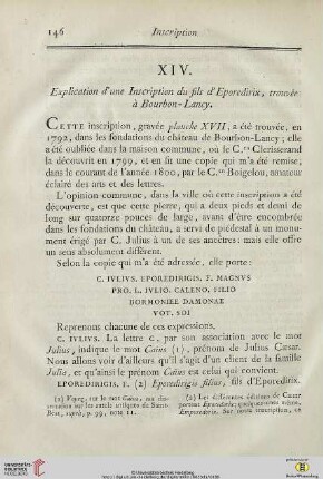 XIV. Explication d’une Inscription du fils d’Eporedirix, trouvée à Bourbon-Lancy