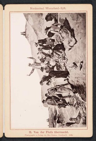 Albumseite mit Reproduktion "Von der Flut überrascht" : Erinnerung an Sylt. Leporello mit Landschafts- und Architekturaufnahmen. Leineneinband, beschichtet und bedruckt; 8 x 12 x 1,6 cm (1892; Verlag Max Braune). Dresden: SLUB/DF 2006.A.435