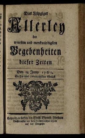 Den 24 Juny 1760. Sechs und zwanzigstes Stück.