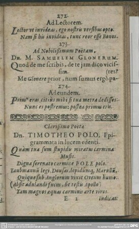 Clarissimo Poetae Dn. Timotheo Polo, Epigrammata in lucem edenti