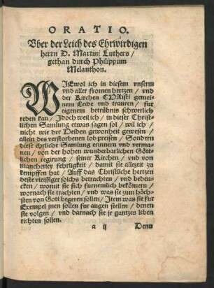 Oratio. Uber der Leich des Ehrwirdigen herrn D. Martini Luthers/ gethan durch Philippum Melanthon.