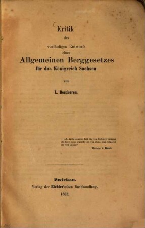 Kritik des vorläufigen Entwurfs eines Allgemeinen Berggesetzes für das Königreich Sachsen
