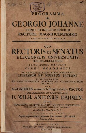 Programma de Georgio Johanne, primo Heidelbergensium Rectore Magnificentissimo ex augusta familia Palatina