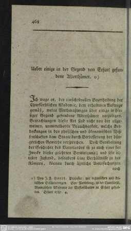 Ueber einige in der Gegend von Erfurt gefundene Alterthümer