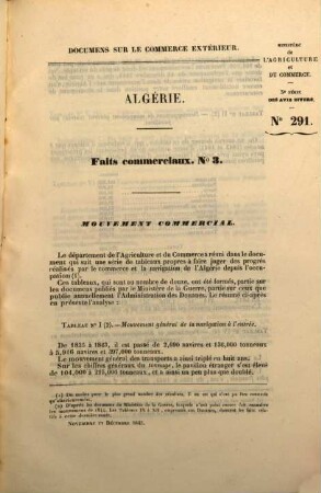 Documens sur le commerce extérieur. Algérie. Faits commerciaux. 1/3. 1844/45
