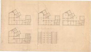 Voit, August von; Café Müller - Grundriss EG, Grundriss 1. OG, Grundriss 2. OG, Grundriss 3. OG, Ansicht