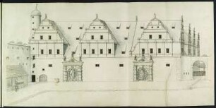 Dresden, Zeughaus (später Albertinum), Aufriss : Dresden, Kurfürstliches Zeughaus (seit 1887 Albertinum). Aufriss der Fassade zum Zeughof, in: "Artilleri, Zeichnungen von Geschützrohren, Blatt 60, unbekannter Zeichner, 1. Hälfte 18. Jh. Feder, Pinsel in Wasserfarbe/Papier, 35,4 x 72,1 cm.