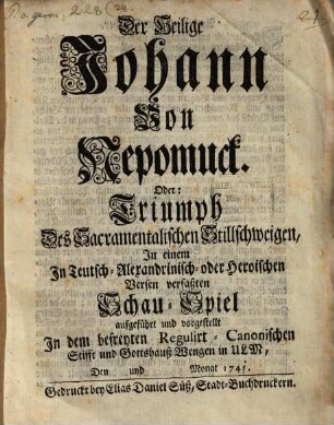 Der Heilige Johannes von Nepomuck : Schauspiel