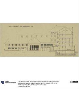 Marienbad, Projekt Kurhotel in Königsberg, Aufriss der Saalbaufassade sowie Querschnitt durch das Hauptgebäude