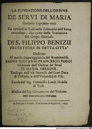 La fondatione dell'Ordine de Servi di Maria