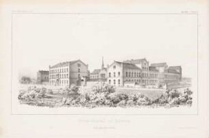 Irrenanstalt, Schwetz: Perspektivische Ansicht (aus: Atlas zur Zeitschrift für Bauwesen, hrsg. v. G. Erbkam, Jg. 4, 1854)