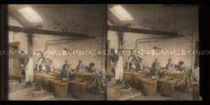 Arbeiter bei der Herstellung der Korken, Champagnerfabrik Mercier, Epernay
