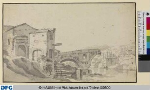 Italienische Flusslandschaft mit dem Rest einer gesprengten Brücke (Ponte Rotto?)