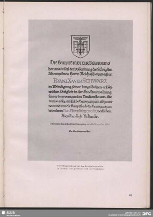 Ehrenbürgerurkunde für den Reichsschatzmeister