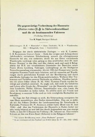 Die gegenwärtige Verbreitung der Hausratte (Rattus rattus [L.]) in Südwestdeutschland und die sie bestimmenden Faktoren. (Vorläufige Mitteilung)