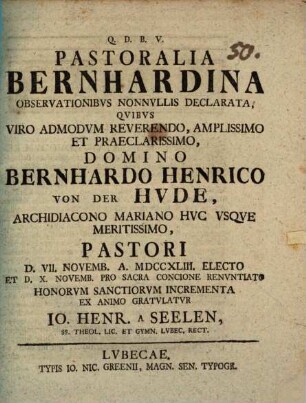 Pastoralia Bernhardina observationibus nonnullis declarata