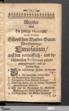Register ueber die jenigen Materien/ welche in diesem Historischen Wunder-Baum [...] zu finden seyn