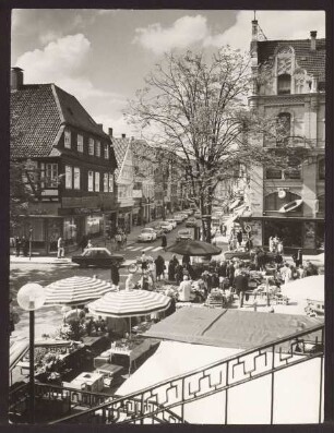 Blick von der Rathaustreppe auf den Wochenmarkt. Detmold. Marktplatz
