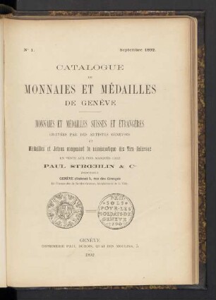 Catalogue de monnaies et médailles de Genève