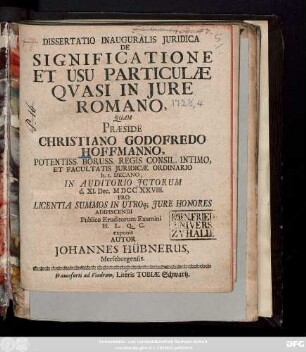 Dissertatio Inauguralis Juridica De Significatione Et Usu Particulae Quasi In Jure Romano