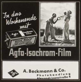 Werbung für Agfa-Isochrom-Film der Photohandlung A. Beckmann & Co : Kolorierte Werbung für Agfa-Isochrom-Film der Photohandlung A. Beckmann & Co., Alexandrinenstraße 4. Bad Doberan