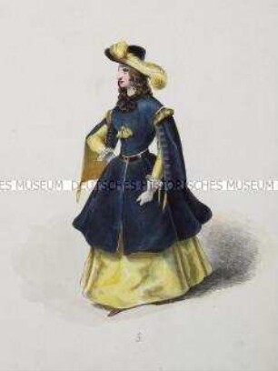 Frau im gelben Kleid und dunklen Mantel, mit Federhut - Tafel aus Franceschini/Neue Kostümsammlung (Kassette 3)